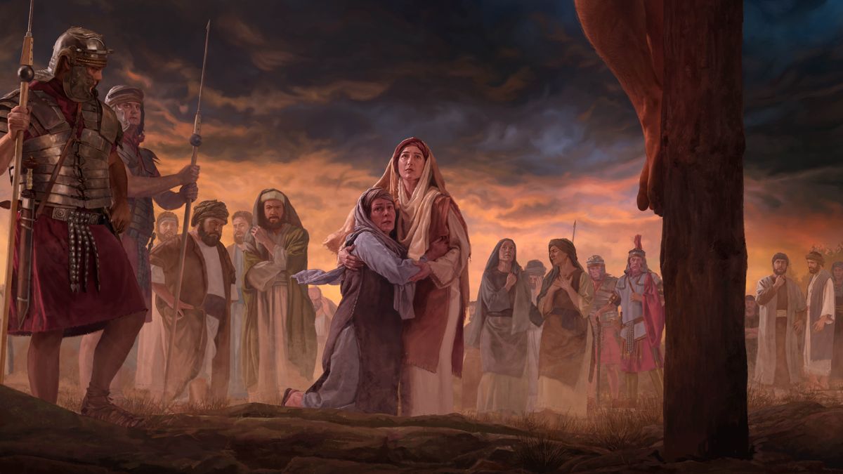 Mary Magdalene supporting Jesus’ mother as they watch Jesus suffer on a torture stake. Jewish religious leaders glare at them, Roman soldiers stand nearby, and others mournfully watch from a distance.