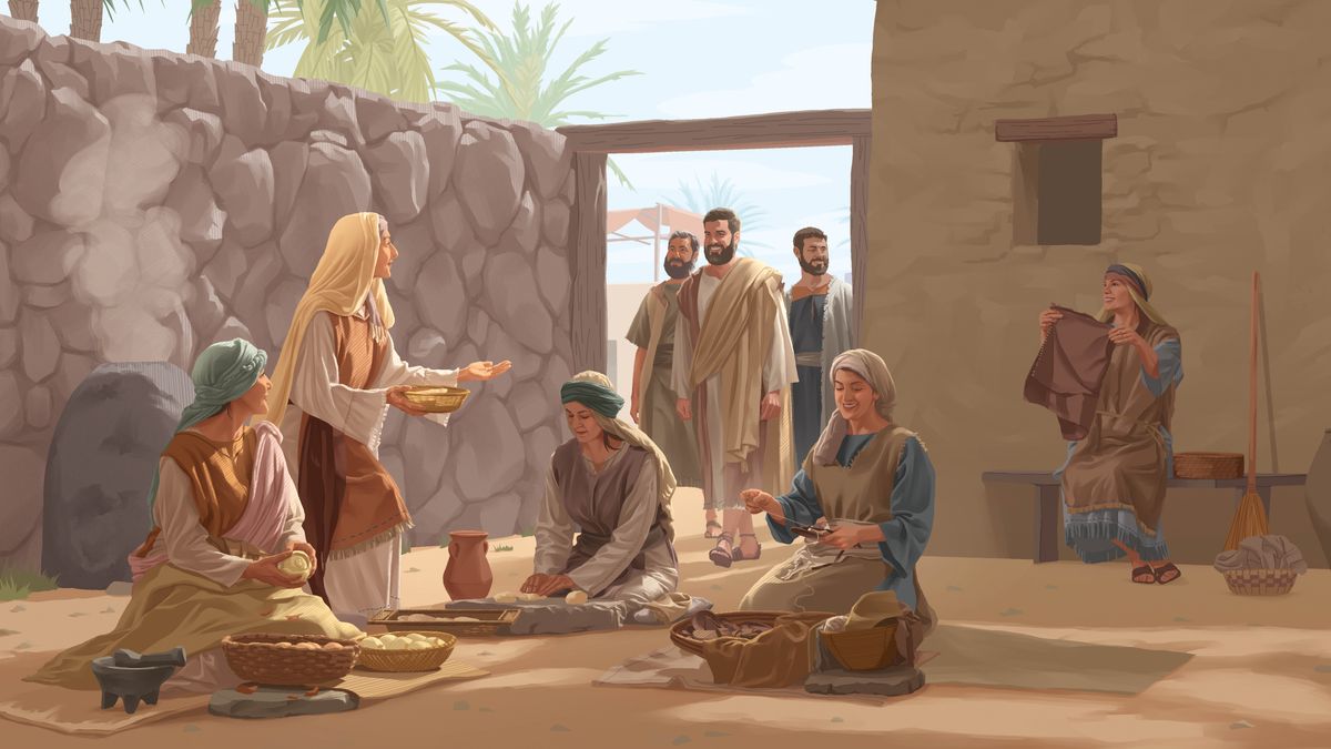 Mary Magdalene greeting Jesus and two of his apostles as they enter her home. Other women joyfully make bread and sew garments.