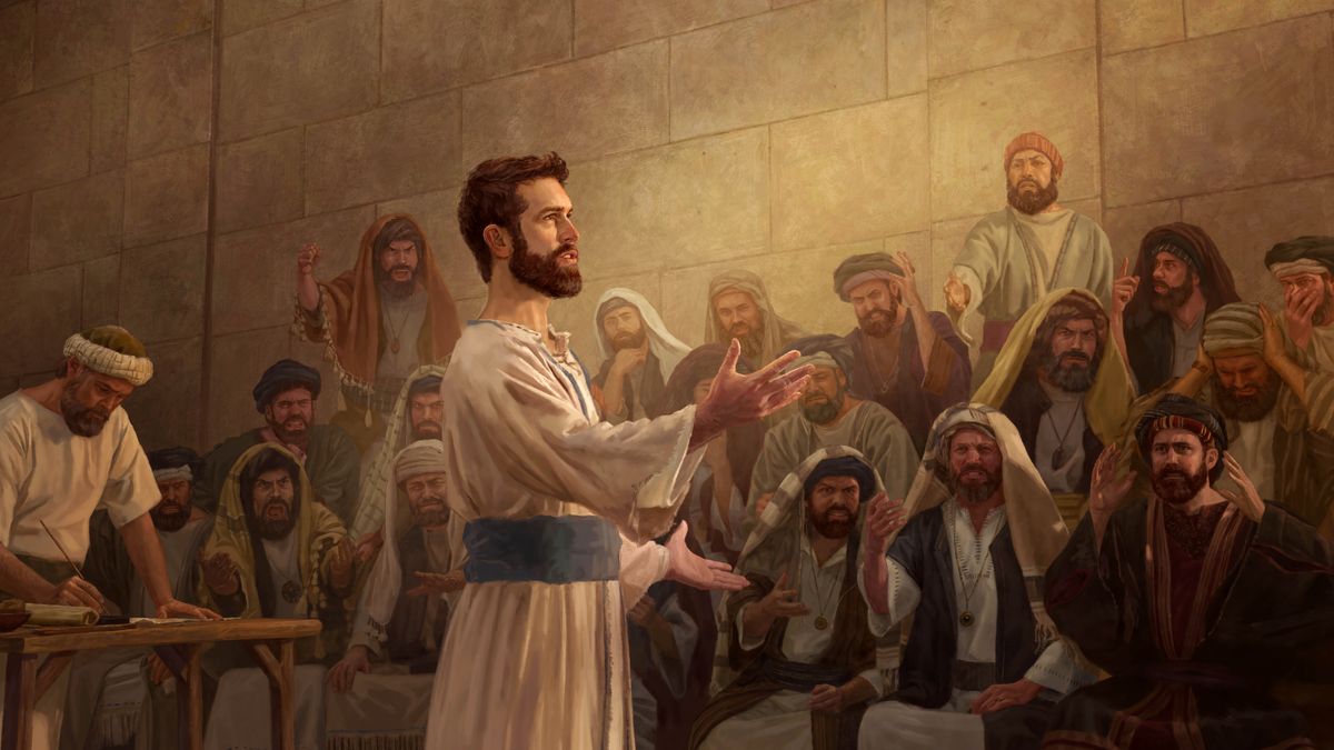 Stephen speaking calmly and with conviction before the Sanhedrin. The religious leaders yell, cover their ears, and grind their teeth as he speaks.