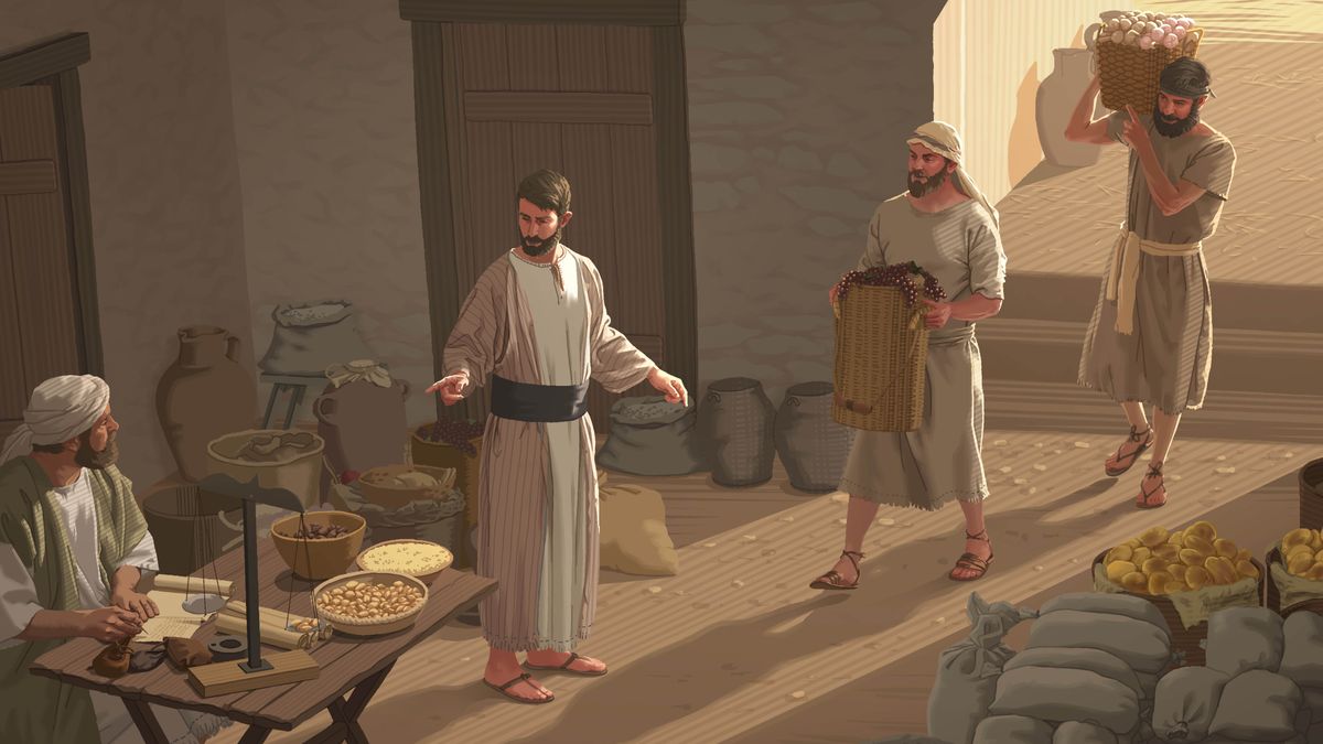 Stephen supervising activities in a storehouse. Two brothers deliver large baskets of food while another brother sits at a table with a pair of scales and records the deliveries.