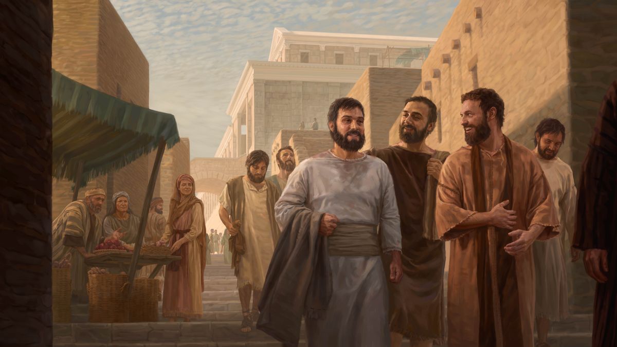 Peter and some of his fellow apostles joyfully talking to one another while they walk down a city street after being flogged. A group of Jews stare at them in wonderment as these men with bloodstained clothes pass by.