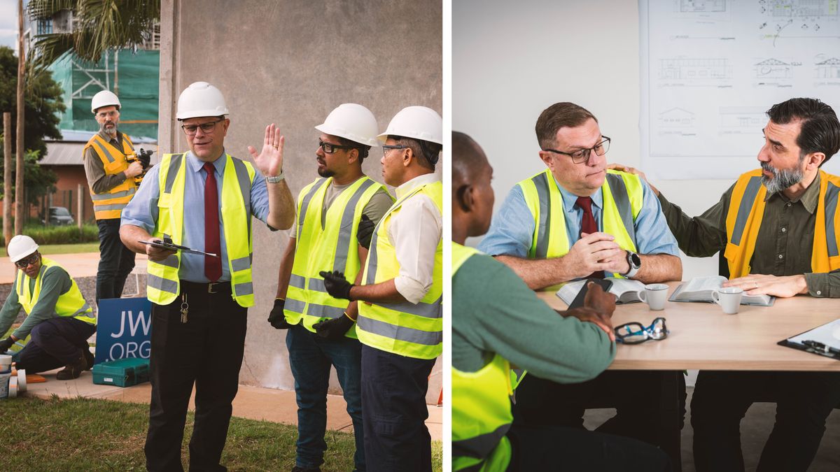 Collage: A crew leader receiving needed counsel while working on a theocratic construction project. The scenes are repeated next.