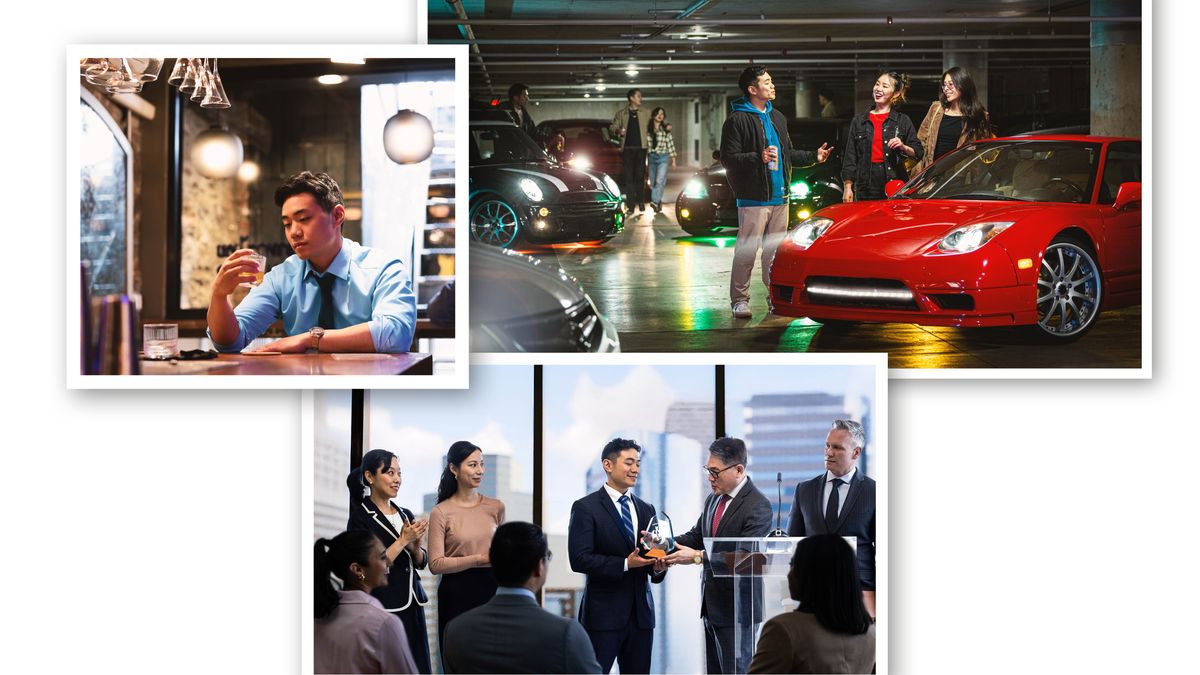 Collage: The brother’s life before learning the truth. 1. He sits by himself at a bar and looks at his drink. 2. He shows off his expensive sports car to some women. 3. He receives a prestigious award at his place of work.