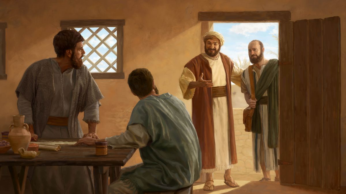 Barnabas warmly introducing Saul to two apostles, who are reviewing scrolls in a home.