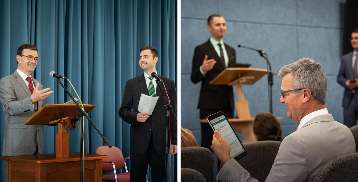 Collage: 1. A middle-aged elder joyfully conducts the “Watchtower” Study at the Kingdom Hall, while a younger brother enjoys the privilege of reading “The Watchtower.” 2. Years later, the elder sits in the audience and enjoys the “Watchtower” Study while the younger brother conducts the meeting.