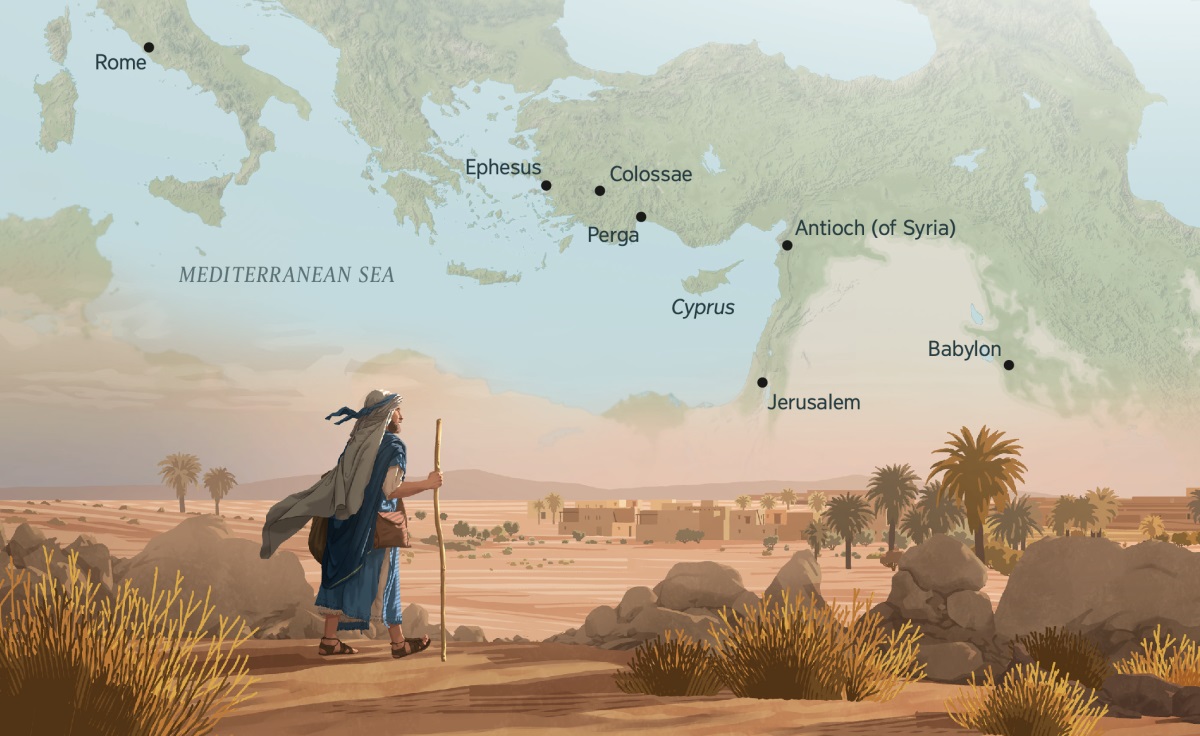 Mark walking through a vast desert toward a city in the distance. A map in the background depicts some of the cities he may have visited: 1. Rome. 2. Ephesus. 3. Colossae. 4. Perga. 5. Cyprus. 6. Antioch (of Syria). 7. Jerusalem. 8. Babylon.
