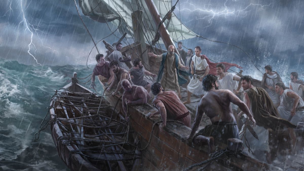 Paul urging frightened sailors not to escape onto the ship’s lifeboat as the ship is being tossed about by a powerful storm.