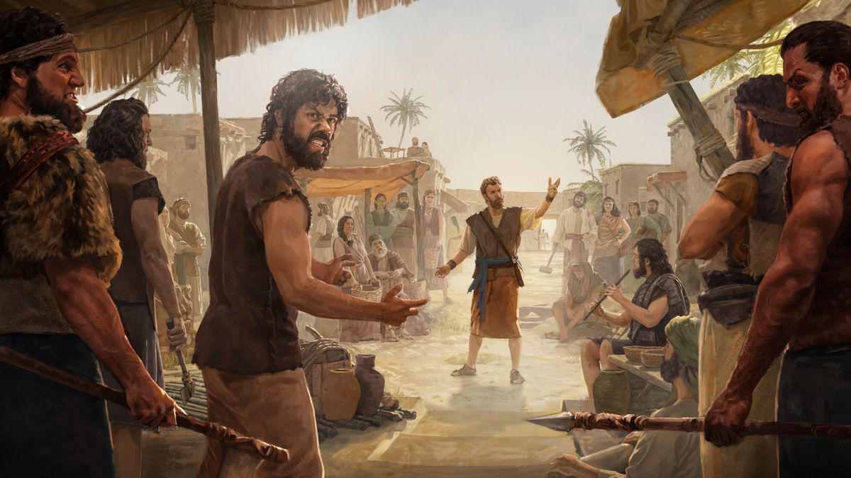 Enoch proclaiming God’s judgment message to people on a busy street. Some in the group look angry and annoyed, and some have weapons.
