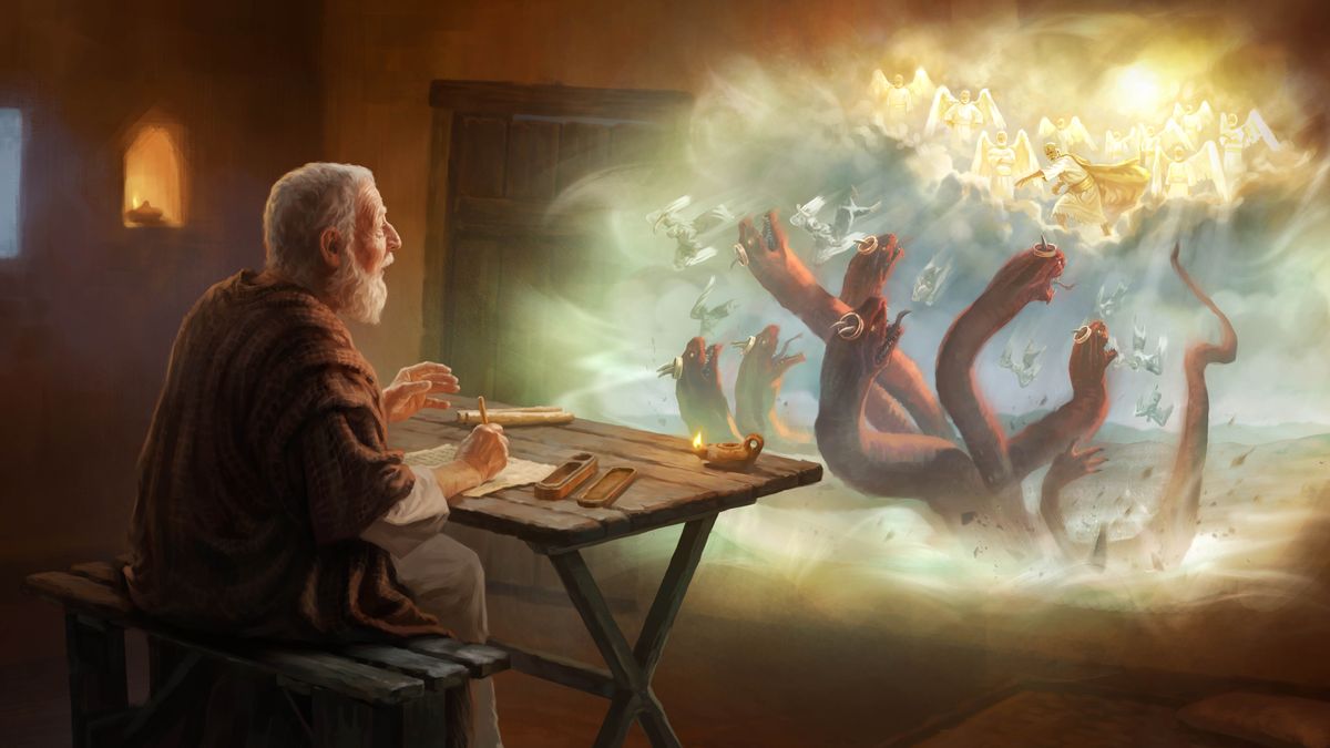 The apostle John writing down the revelation he receives from Jesus. In a vision, he sees the glorified Jesus hurling the great fiery-colored dragon and the demons down to the earth.