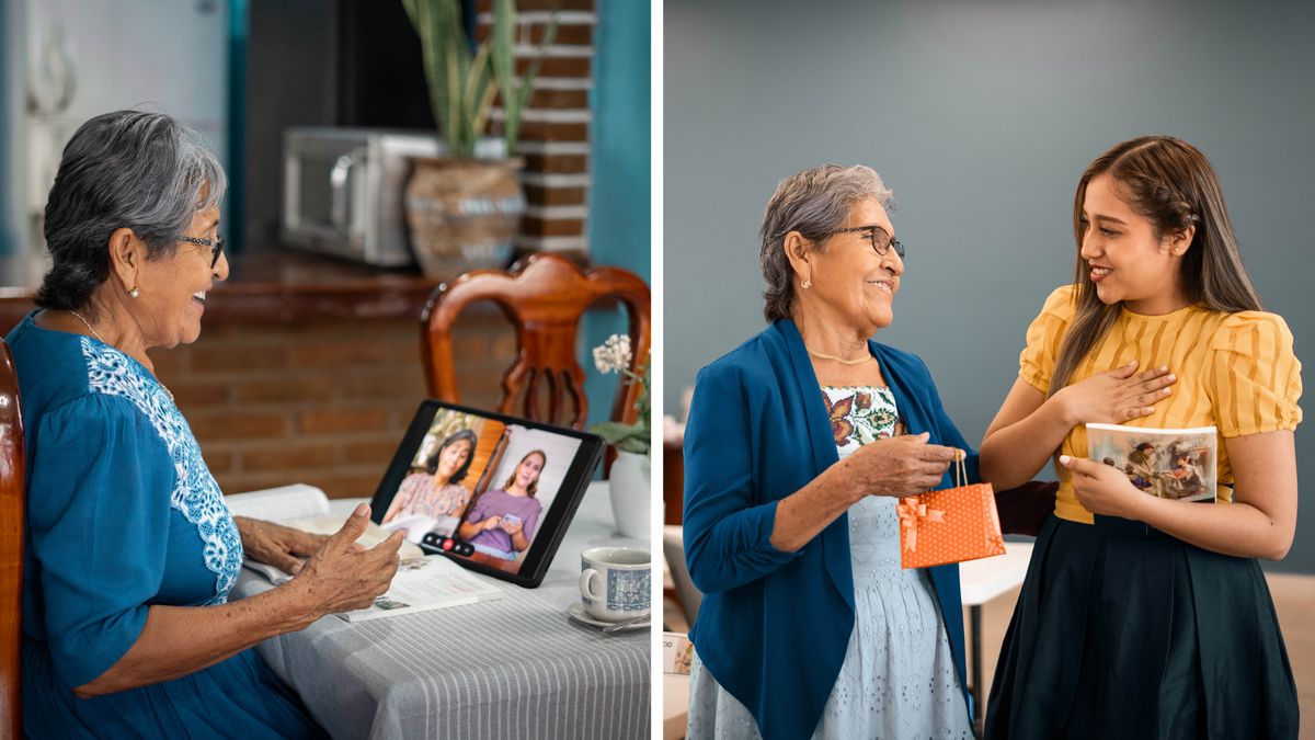Collage: An elderly sister being productive in her old age. 1. She conducts a Bible study via videoconferencing. 2. She gives a small gift bag to a young pioneer sister in her congregation, who is holding her Pioneer Service School textbook.