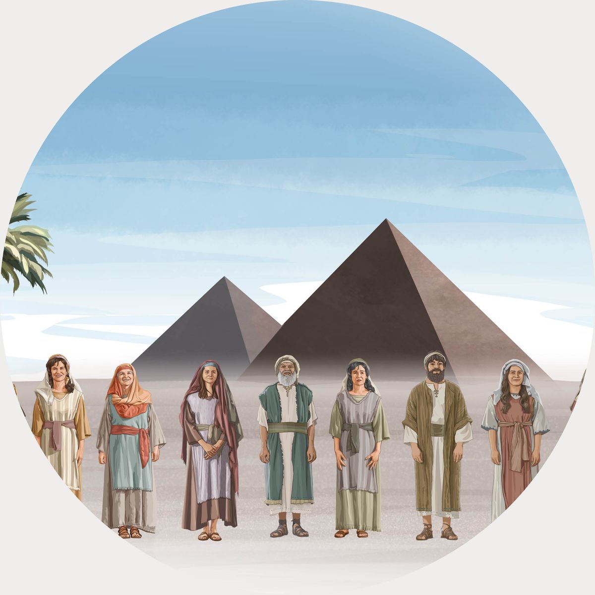 Jacob and his family. There are Egyptian pyramids in the distance.