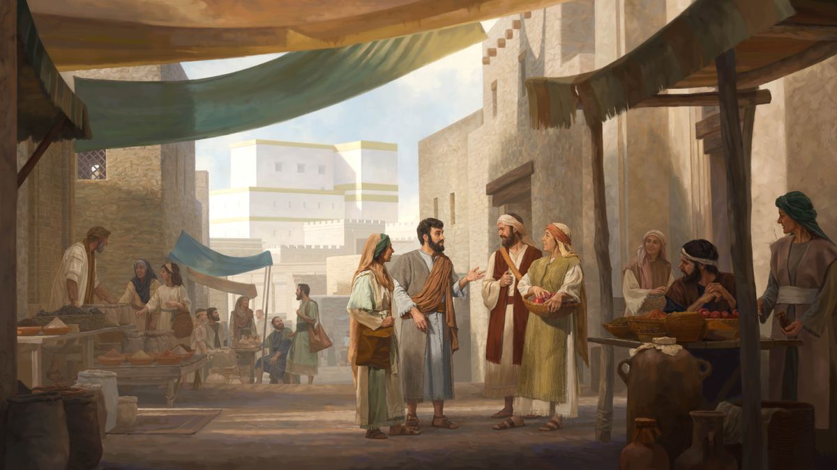 A first-century Christian couple preaching to a man and woman at a busy marketplace. Jerusalem’s temple is in the background.