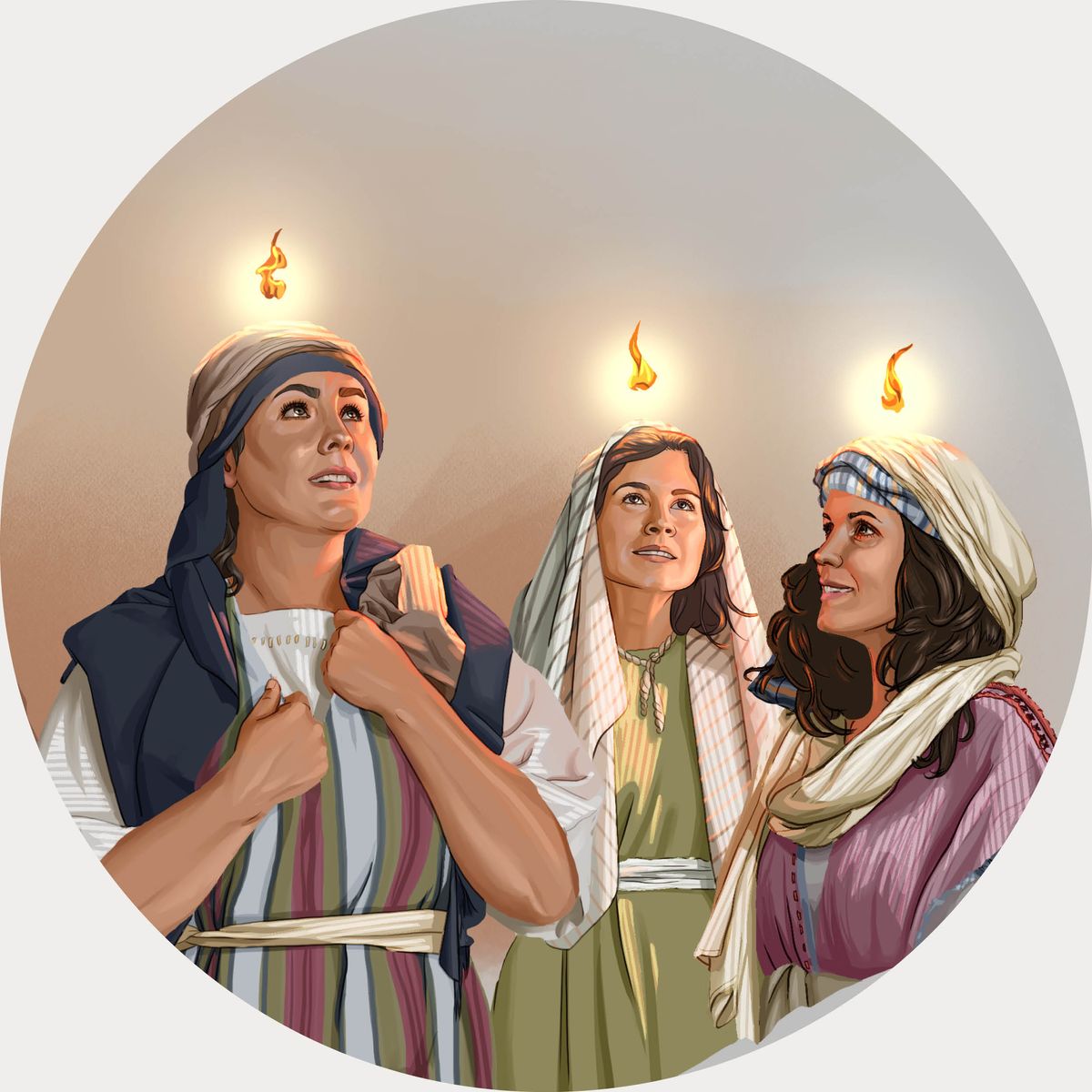 Tongues of fire hovering above three first-century Christian women.