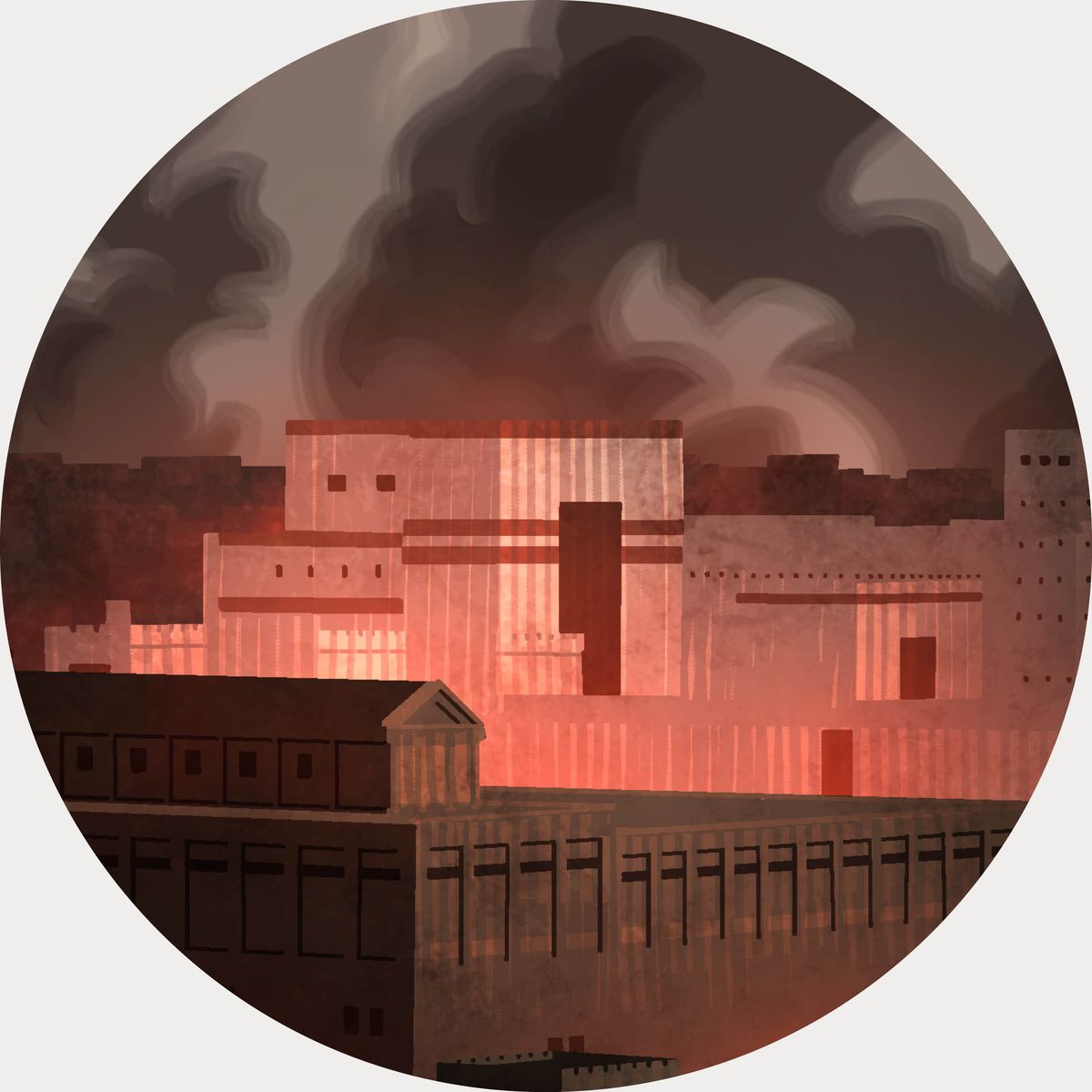 Jerusalem and its temple engulfed in flames.