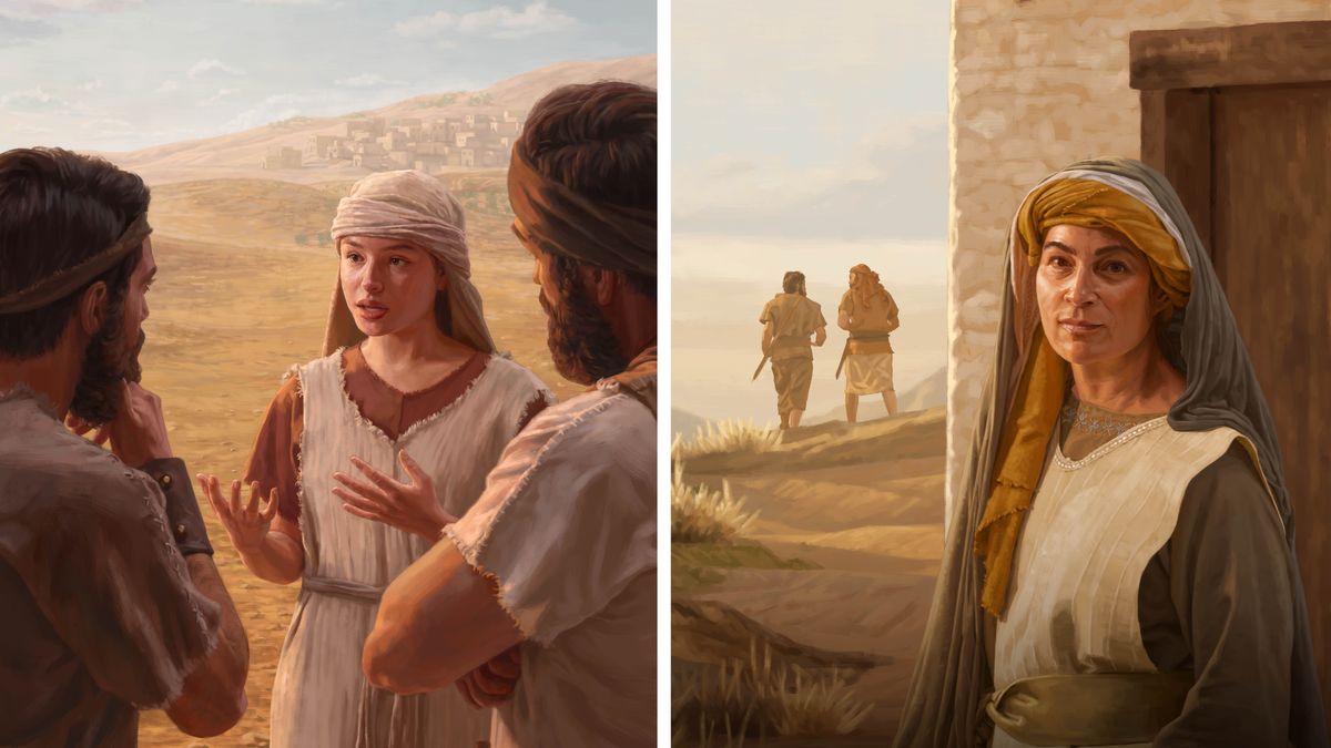Collage: Two unnamed women who courageously helped protect King David. 1. A servant girl speaks to David’s two servants. 2. The woman who hid David’s servants in her husband’s well, reflects as two men in the distance walk away from her home.