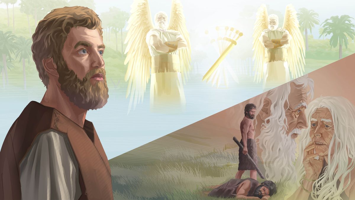 Collage: Enoch meditating on events relating to his ancestors. 1. The garden of Eden is guarded by two cherubs and a flaming sword. 2. Adam and Eve in their old age. 3. Cain stands over the body of his murdered brother Abel.