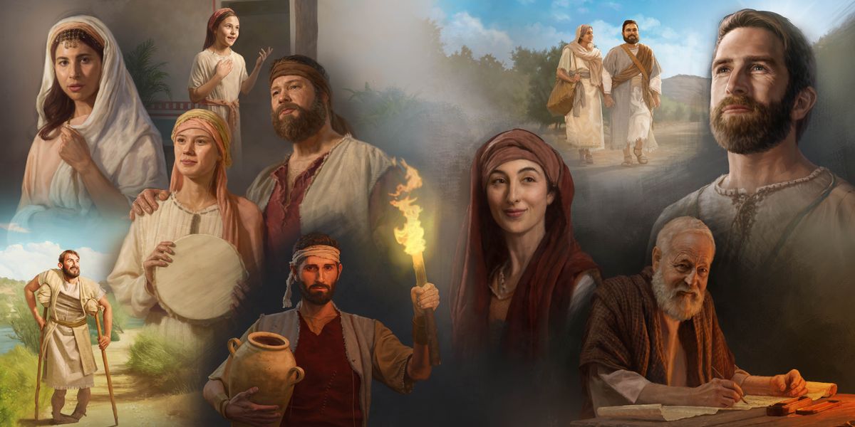 Collage: Courageous servants of God. Top row: Rebekah, the little Israelite girl, and the apostle Peter with his wife. Middle row: Jephthah and his daughter, Mary Magdalene, and Stephen. Bottom row: Mephibosheth, Gideon, and the aged apostle John.