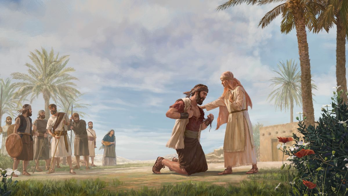 Jephthah ripping his garments and falling to his knees as his daughter approaches him and places a reassuring hand on his shoulder.