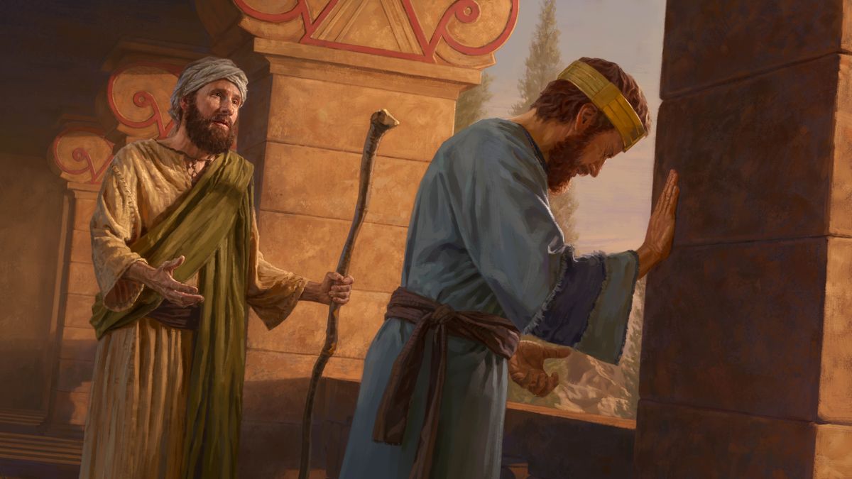 The prophet Nathan speaking calmly to David. David bows his head and weeps bitterly.