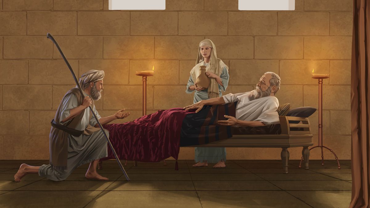 Nathan kneeling before David, who is lying on his sickbed. Abishag stands at David’s bedside holding a pitcher of water.