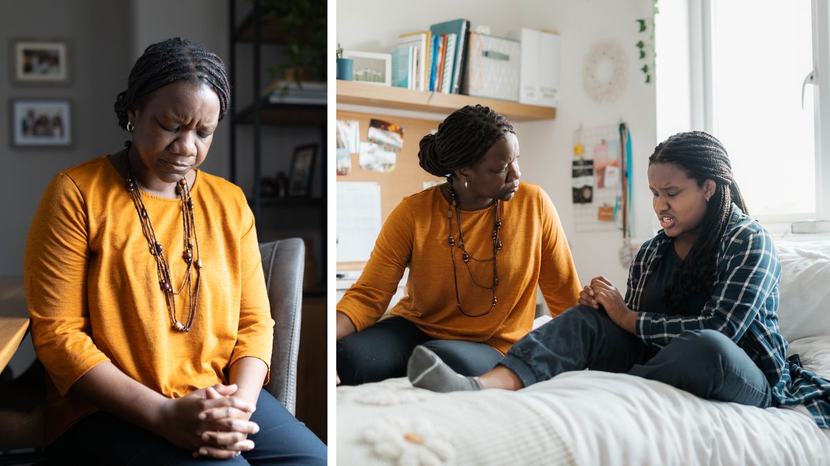 Collage: A mother taking steps to reach her daughter’s heart. 1. She prays fervently in private. 2. She listens intently to her daughter, who is sharing her feelings.
