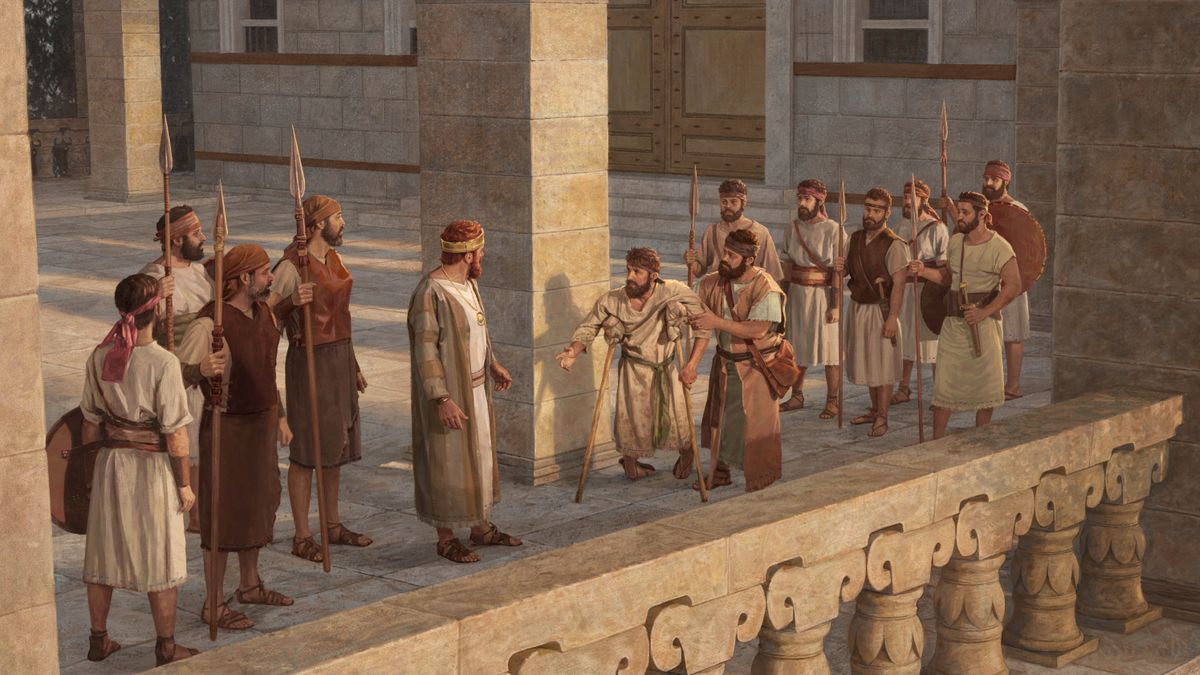 Mephibosheth, with an unkempt appearance, speaking with David and his men. An attendant holds on to Mephibosheth’s arm to help him stand.