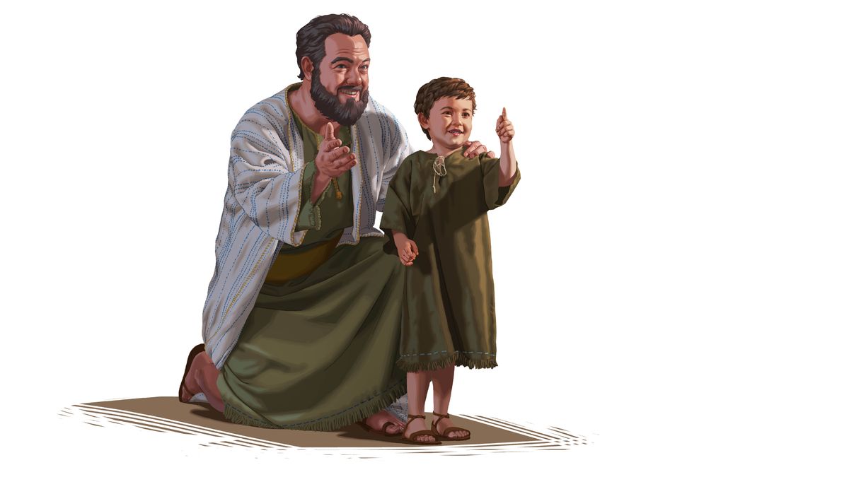 Jonathan kneeling beside his young son Mephibosheth, with his hand on his son’s shoulder. Both of them are smiling and pointing at something in the distance.