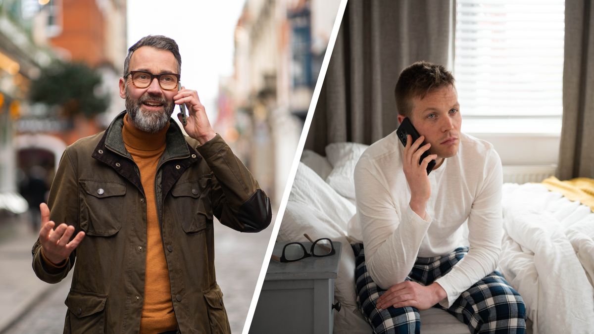 Collage: 1. The older brother calls the downhearted brother. 2. The brother answers the call from his bed.