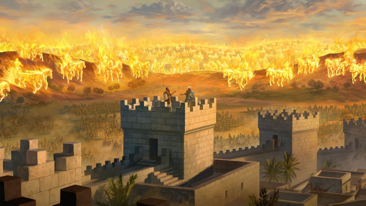 Elisha and his attendant standing on a watchtower. The attendant sees a vast army of horses and war chariots of fire charging over the mountains toward the Syrian army below.