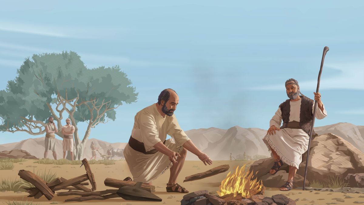 Elisha building a fire, using pieces of his plow as firewood. Elijah sits on a nearby rock, watching him.
