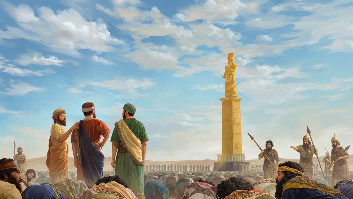 Hananiah, Mishael, and Azariah confidently standing in the middle of a vast crowd who are all bowing down to Nebuchadnezzar’s enormous golden image. Three armed guards advance toward them.