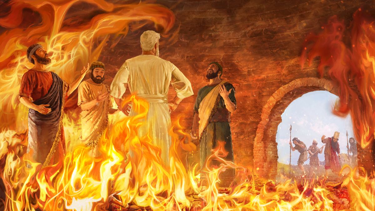 The three Hebrews standing in awe in the midst of a burning furnace. Jehovah’s angel stands before them. From outside the furnace, Nebuchadnezzar and his guards look on in shock.