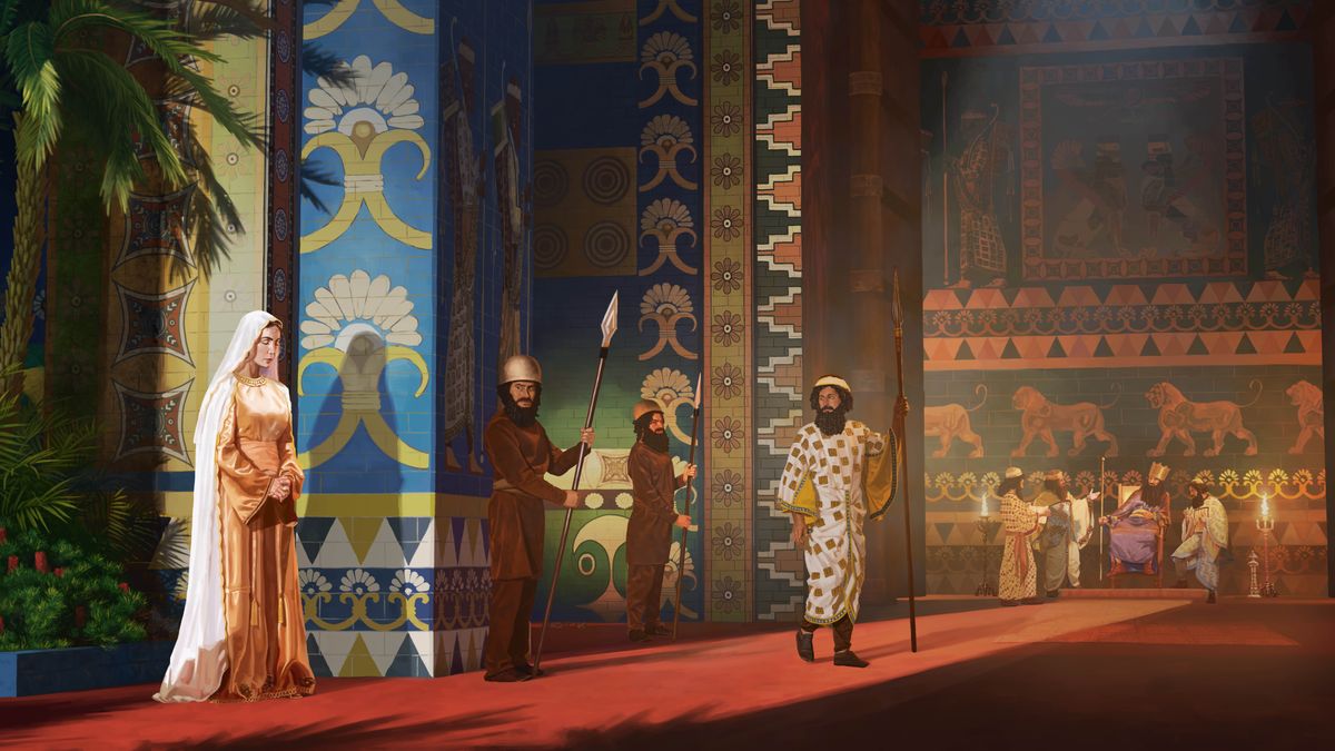 Queen Esther praying silently at the entrance of the royal courtyard. She stands out of the view of King Ahasuerus while he sits on his throne. Some of the royal guards observe her praying.