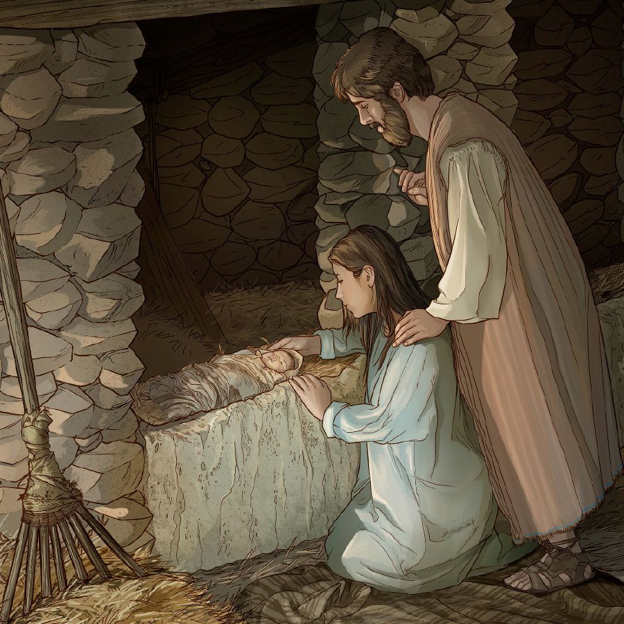 Mary and Joseph beside the manger, where baby Jesus is lying