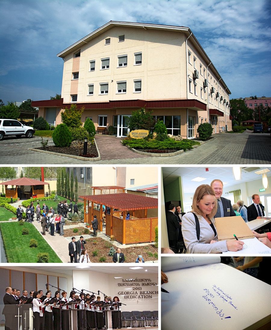 At the branch dedication, the chorus sings, the Witnesses mingle outside, and visitors sign a guest book in the lobby