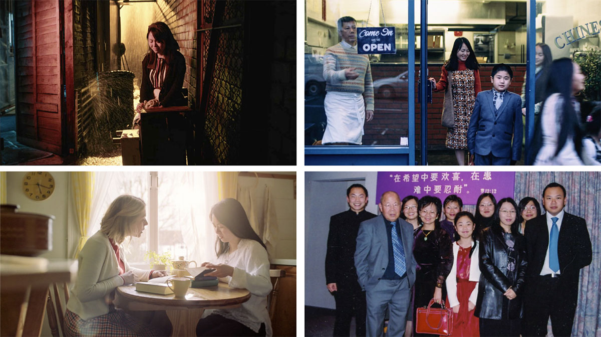 Diferentes escenas del video “Jehová nos da las fuerzas para llevar nuestras cargas” mostrando el progreso de Grace Li. 1.Grace llorando en un callejón. 2. Una hermana estudiando con Grace. 3. Grace y sus hijos saliendo de su restaurante para ir a la reunión. 4. Grace con nueve miembros de su familia en el Salón del Reino.