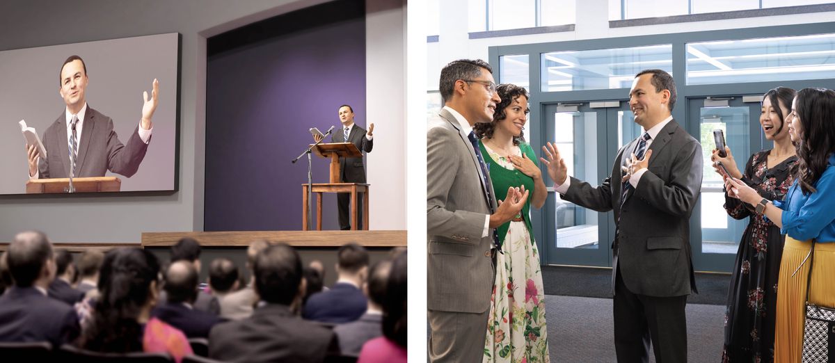 Serie de imágenes: 1. Un hermano presenta un discurso en una asamblea. 2. Más tarde, el hermano evita ser el centro de atención y rechaza con humildad las alabanzas que le dan.