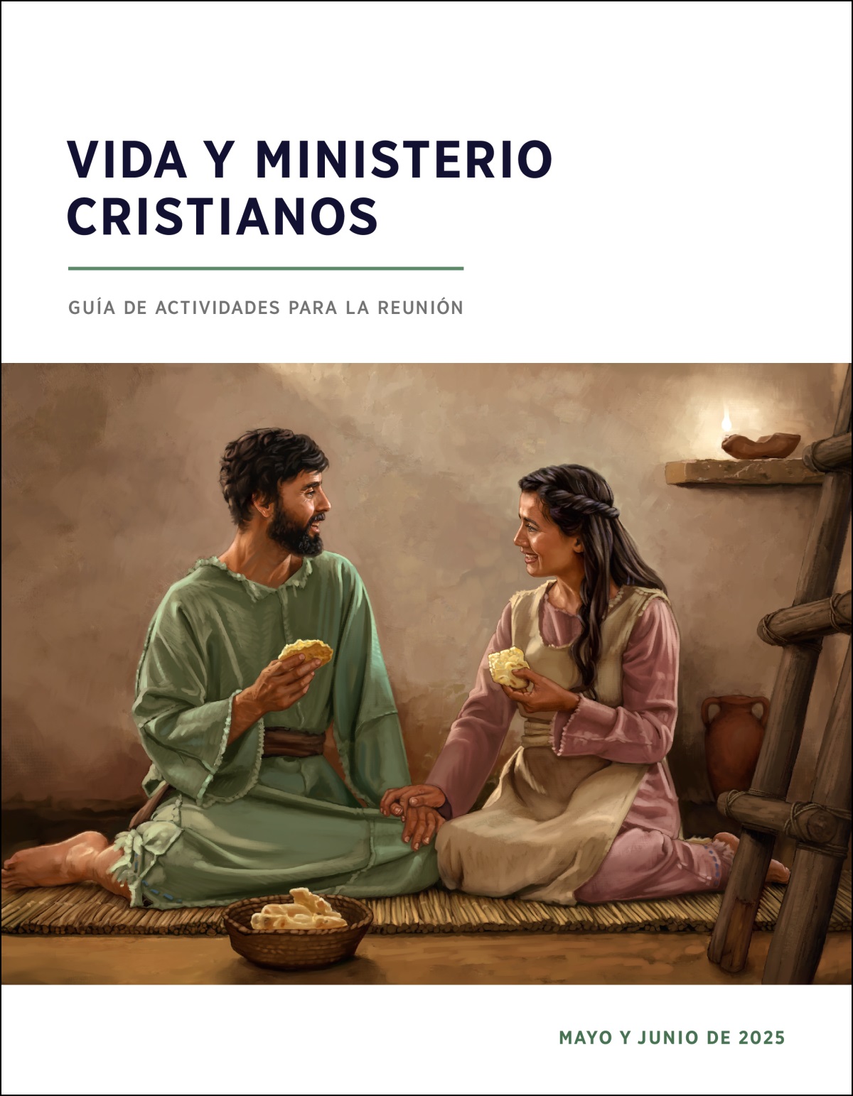 En una casa modesta de tiempos bíblicos, un matrimonio israelita sonriente disfruta de una comida sencilla, un pedazo de pan.