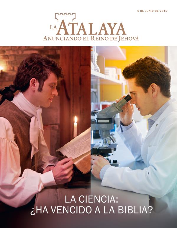 Hombre del pasado leyendo la Biblia; científico moderno mirando por un microscopio