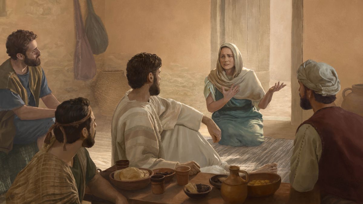 Una mujer fenicia está de rodillas pidiéndole a Jesús que la ayude, mientras él está sentado en una mesa comiendo con tres de sus discípulos.