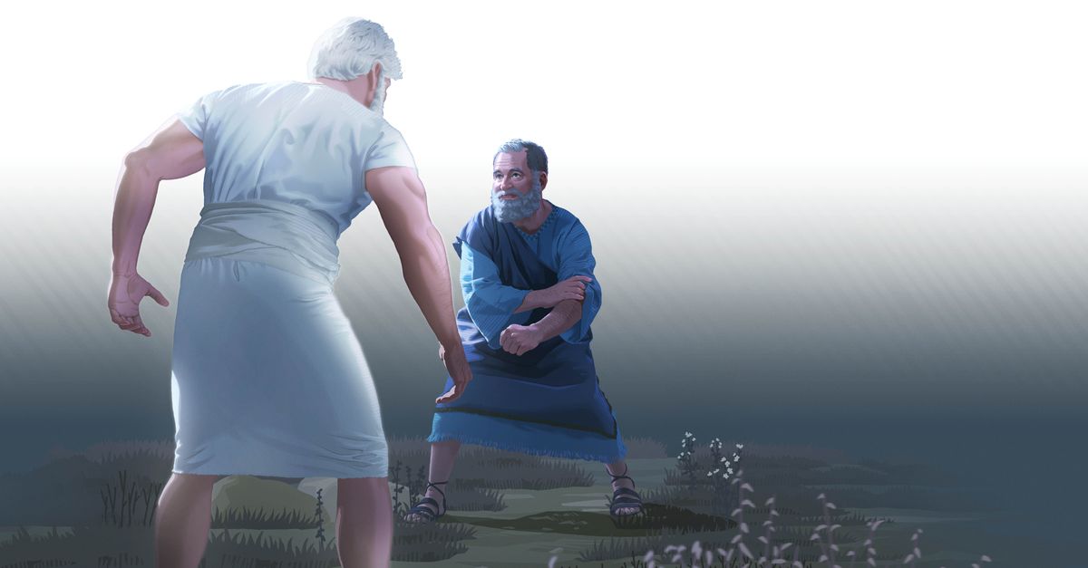 Jacob, frente a un ángel con cuerpo de hombre, se está preparando para luchar con él.
