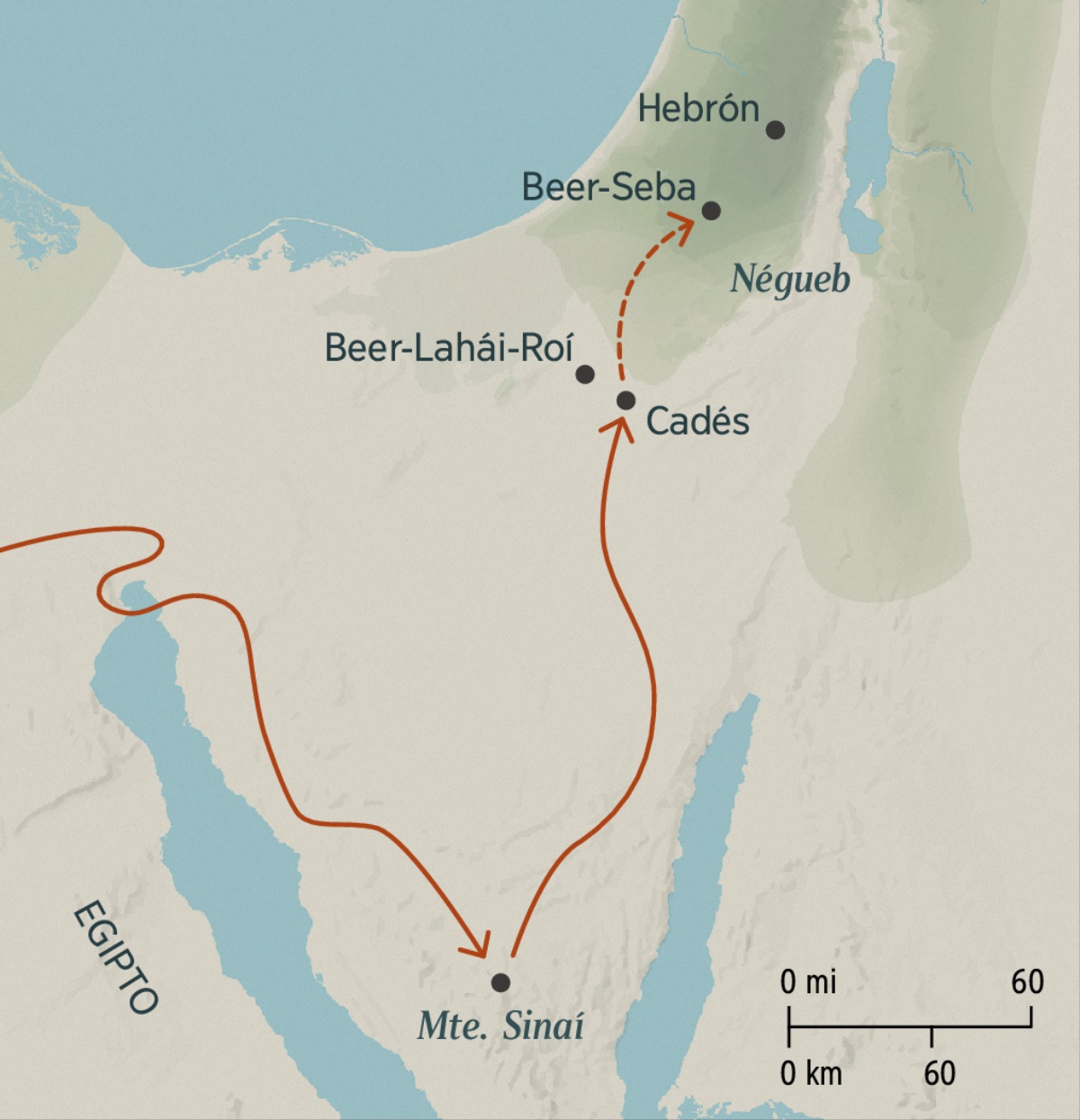 Mapa que muestra el enorme recorrido que hicieron los israelitas desde Egipto hasta Cadés, pasando por el monte Sinaí. También se ve el recorrido, relativamente corto, de Cadés a Beer-Seba y Hebrón en la Tierra Prometida.
