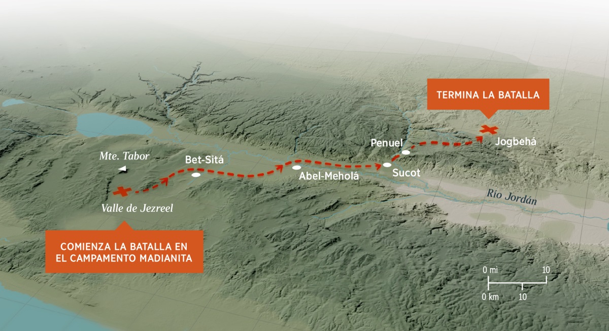 Un mapa que muestra el terreno irregular y la distancia que atravesaron Gedeón y sus hombres cuando persiguieron a los madianitas desde el valle de Jezreel hasta Jogbehá.