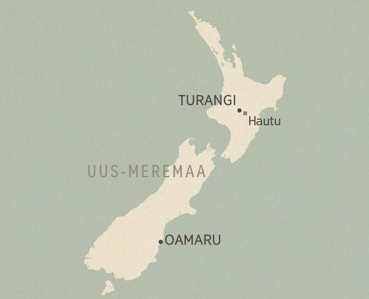 Uus-Meremaa kaart. Märgitud kohad (ülalt alla) Turangi, Hautu (vangilaager) ja Oamaru.