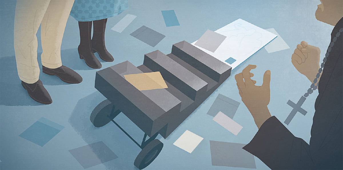 یک کشیش عصبانی نشریات را از چرخ‌دستی به اطراف پرت می‌کند و زوجی با آرامش در آنجا ایستاده‌اند