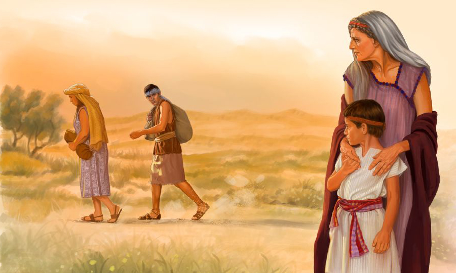 سارا اسحاق را بغل می‌کند در حالی که هاجَر و اسماعیل آنجا را ترک می‌کنند