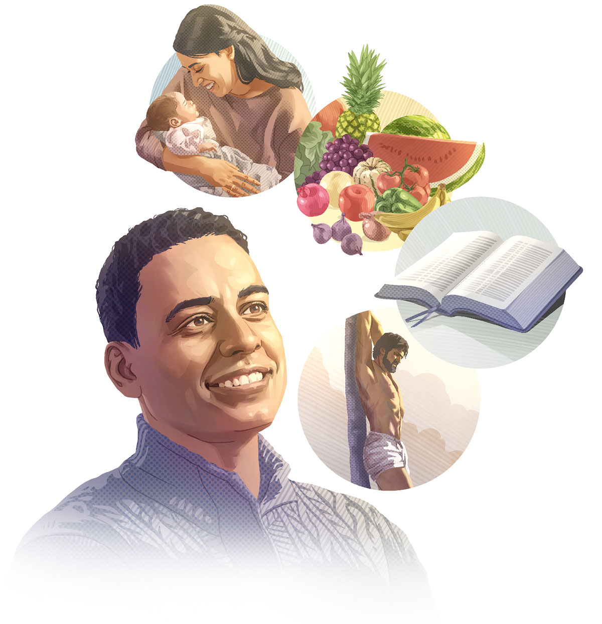 تصاویر:‏ مردی به هدایایی که خدا به او داده فکر می‌کند.‏ ۱.‏ محبت خدا که مثل محبت یک مادر به نوزادش است.‏ ۲.‏ غذاهایی خوشمزه از جمله میوه‌ها و سبزیجات مختلف.‏ ۳.‏ کتاب مقدّس.‏ ۴.‏ قربانی عیسی مسیح.‏ 