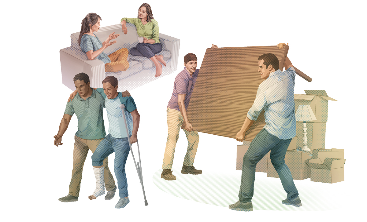 تصاویر:‏ دوستان صمیمی به یکدیگر کمک می‌کنند.‏ ۱.‏ مردی در جابه‌جایی یک میز به مردی دیگر کمک می‌کند.‏ ۲.‏ خانمی با خانمی دیگر درددل می‌کند.‏ ۳.‏ مردی به مردی دیگر که پایش شکسته است کمک می‌کند.‏ 