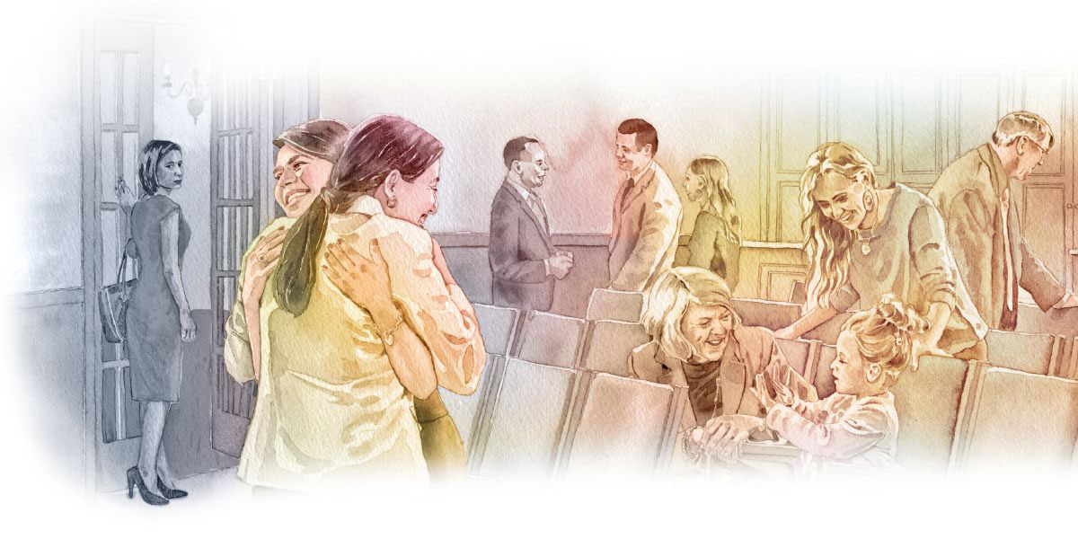 خانمی اخراج‌شده بعد از جلسه در حال نظارهٔ برادران و خواهران،‏ سالن جماعت را ترک می‌كند 