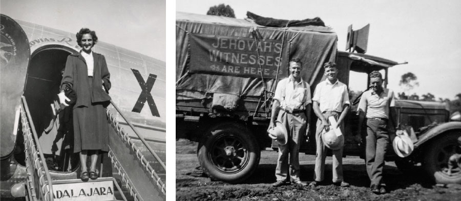 سه برادر در حال سفر برای موعظه در استراليا در سال ۱۹۳۷؛‏ خواهری پس از فارغ‌التحصيلی جِلعاد در سال ۱۹۴۷ در محل خدمت خود مكزيک